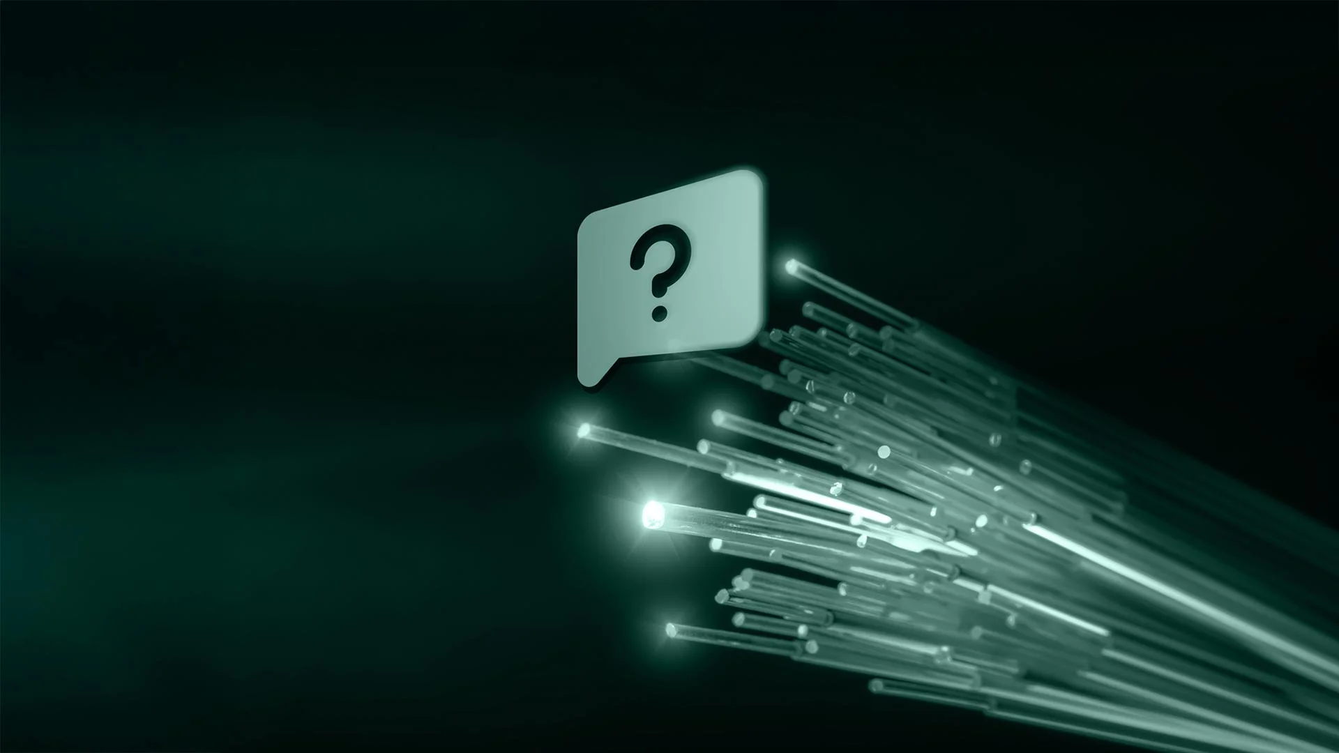 ffiber FAQ, dunkelgrüne Illustration leuchtender Glasfaser­bündel mit Fragezeichen-Sprechblase, Symbol für Antworten zu Glasfaser, Netzausbau und Hausanschluss.