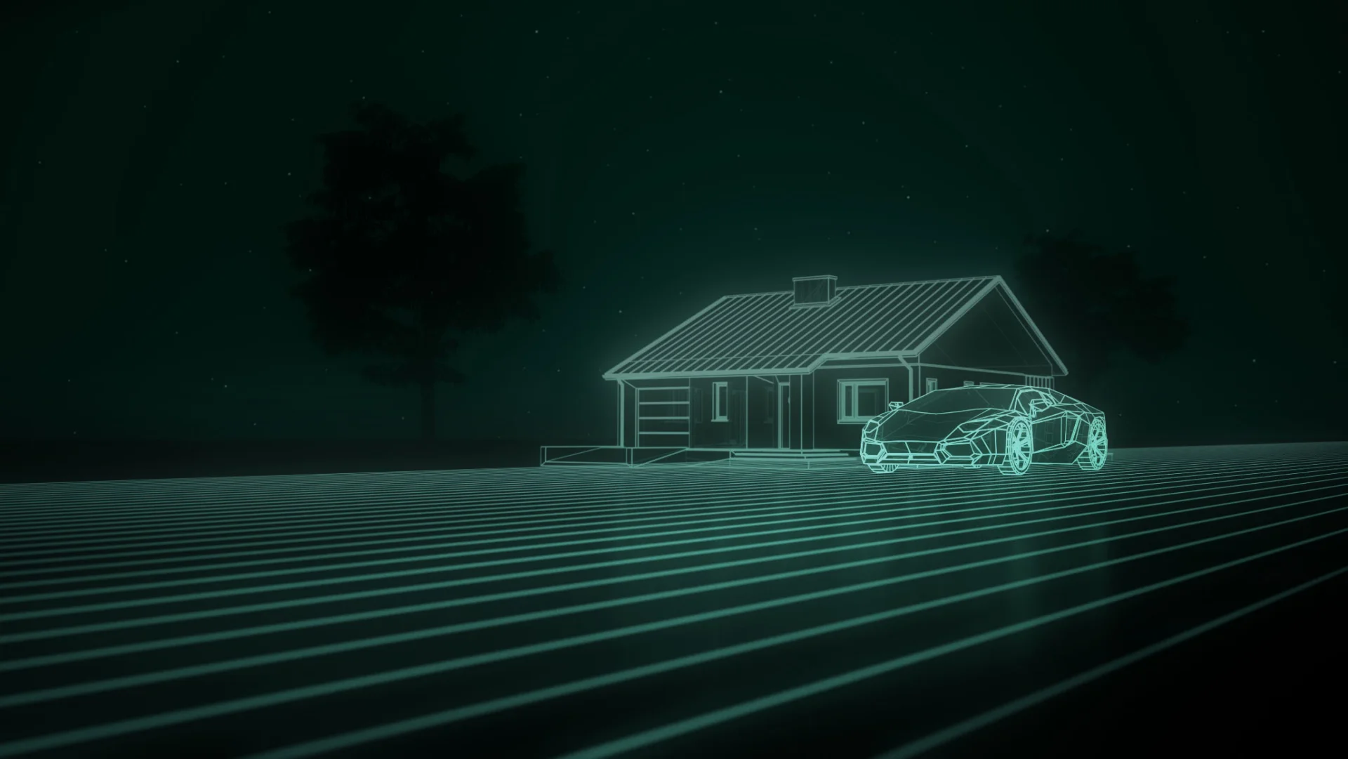 Glasfaser-Technologie, futuristische Drahtgitter-Illustration eines Einfamilienhauses mit Sportwagen auf leuchtenden Glasfaserlinien, Sinnbild für echtes FTTH-Gigabit-Internet im Smart-Home.