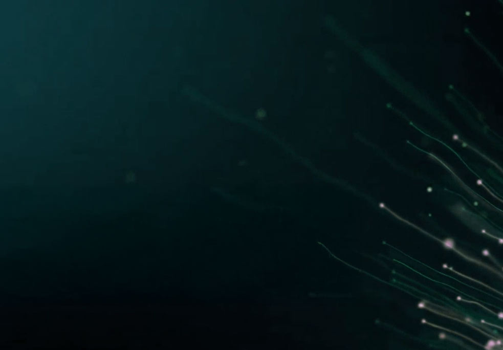 ffiber Presse Downloads, abstrakte Nahaufnahme grün-violett leuchtender Glasfaserstränge vor dunklem Hintergrund, Symbol für schnellen Medien-Download.